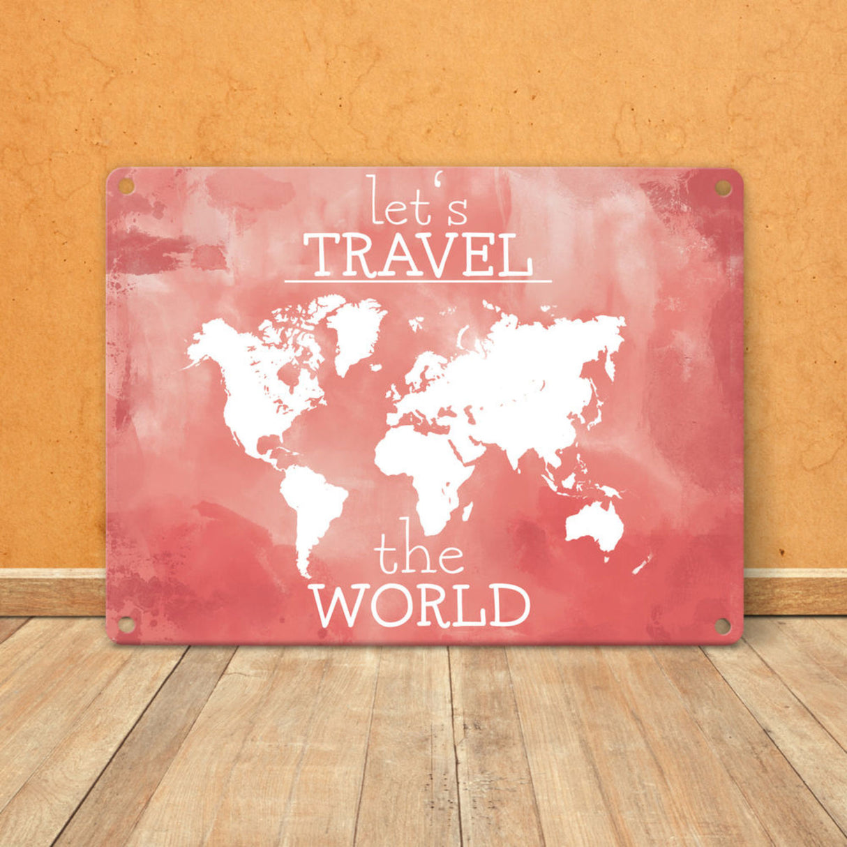 Metallschild mit Weltkarte und Spruch - let's travel the world