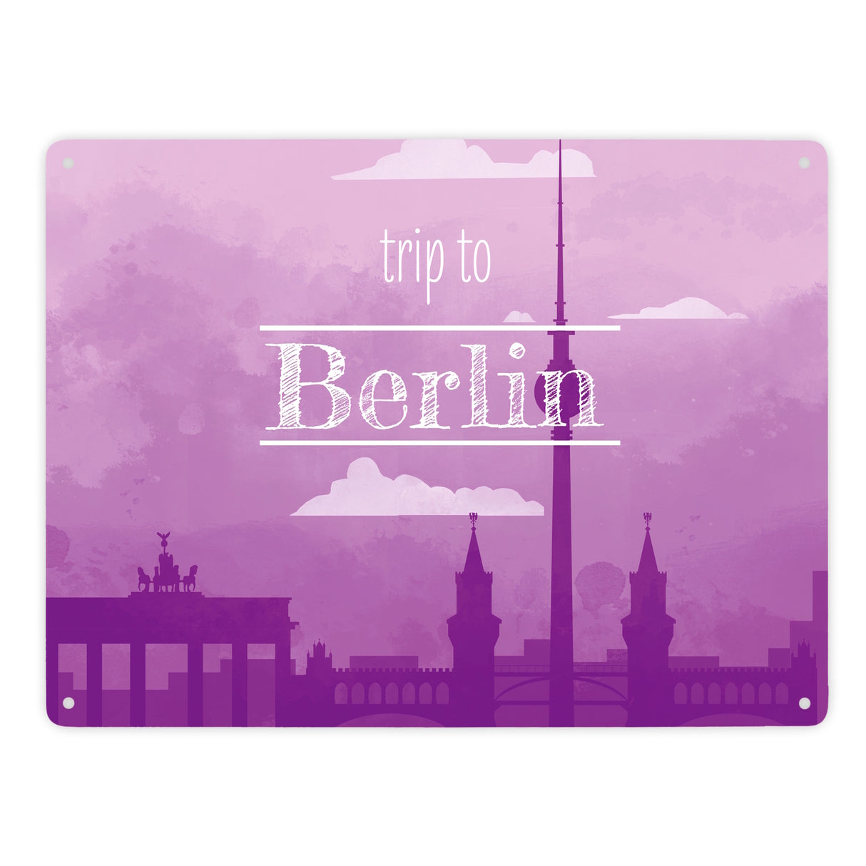 Metallschild für Fans von Städtetrips mit der Silhouette von Berlin in lila