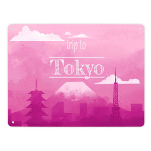 Metallschild in 15x20 cm für Fans von Städtetrips mit der Silhouette von Tokyo in pink