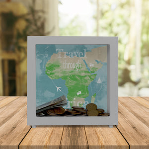 Spardose mit Afrika Karte und Spruch - travel through Afrika