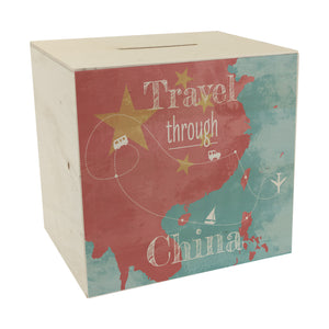 Spardose mit China Karte und Spruch - travel through China