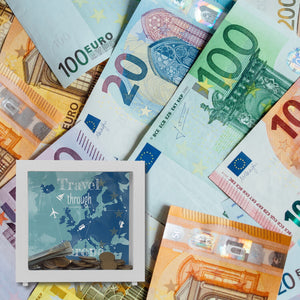 Spardose mit Europa Karte und Spruch - travel through Europa