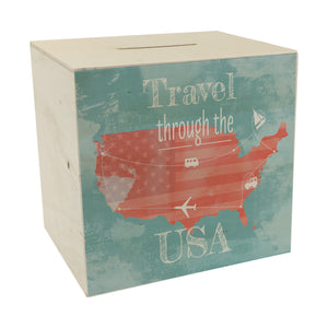 Spardose mit USA Karte und Spruch - travel through USA