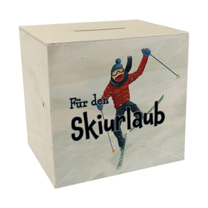 Spardose mit lustigem Skifahrer-Motiv und Spruch - Für den Skiurlaub