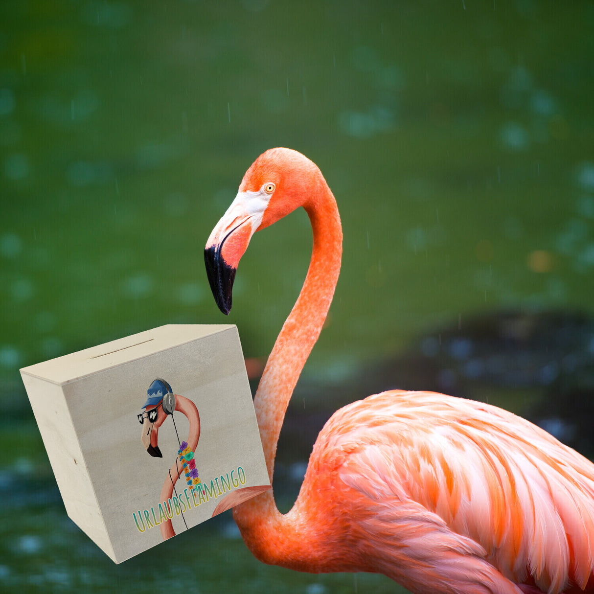 Spardose mit lustigem Tier und Text für Urlauber - Urlaubsflamingo