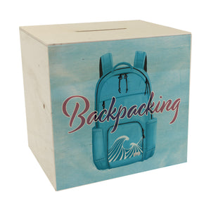 Spardose für Rucksacktouristen mit Rucksack Motiv und Text - Backpacking