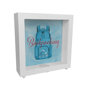 Spardose für Rucksacktouristen mit Rucksack Motiv und Text - Backpacking