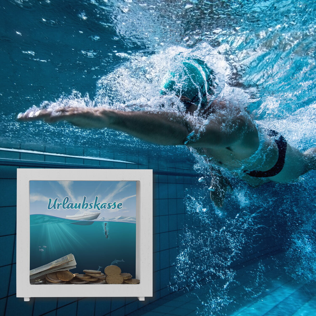 Spardose im Taucher-Design mit Boot und Text - Urlaubskasse