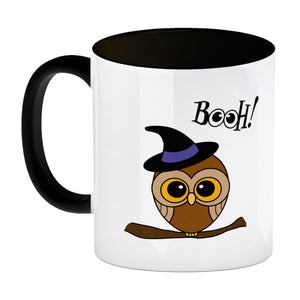 Kaffeebecher für Halloween mit niedlichem Eulenmotiv und Spruch - BOOH!