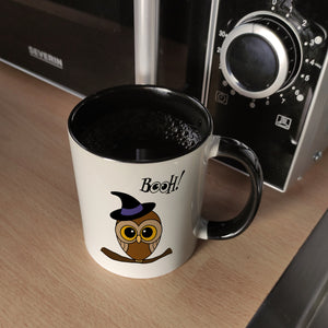 Kaffeebecher für Halloween mit niedlichem Eulenmotiv und Spruch - BOOH!