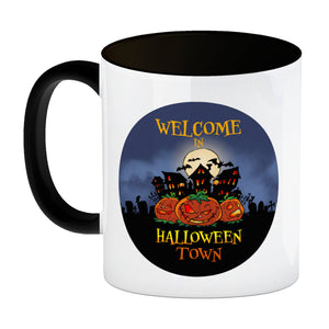 Kaffeebecher mit gruseligem Motiv und Spruch - Welcome in Halloween Town -