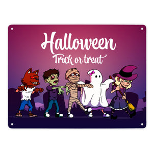 Metallschild mit Halloween-Motiv, Spruch und kleinen Monstern