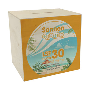 Spardose mit Sonnencreme Motiv - Für Urlauber die auf den Sommerurlaub sparen
