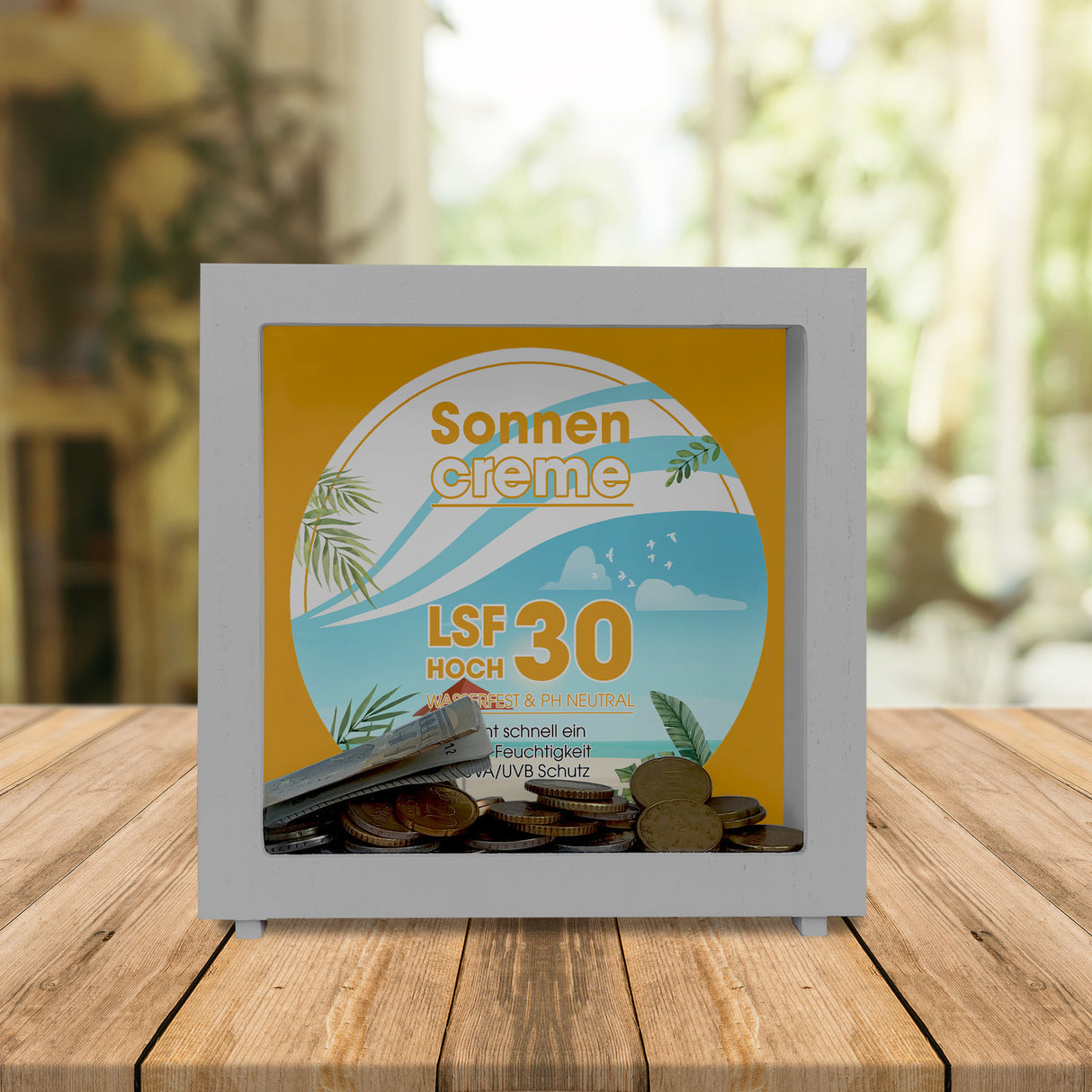 Spardose mit Sonnencreme Motiv - Für Urlauber die auf den Sommerurlaub sparen