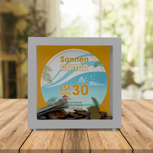 Spardose mit Sonnencreme Motiv - Für Urlauber die auf den Sommerurlaub sparen