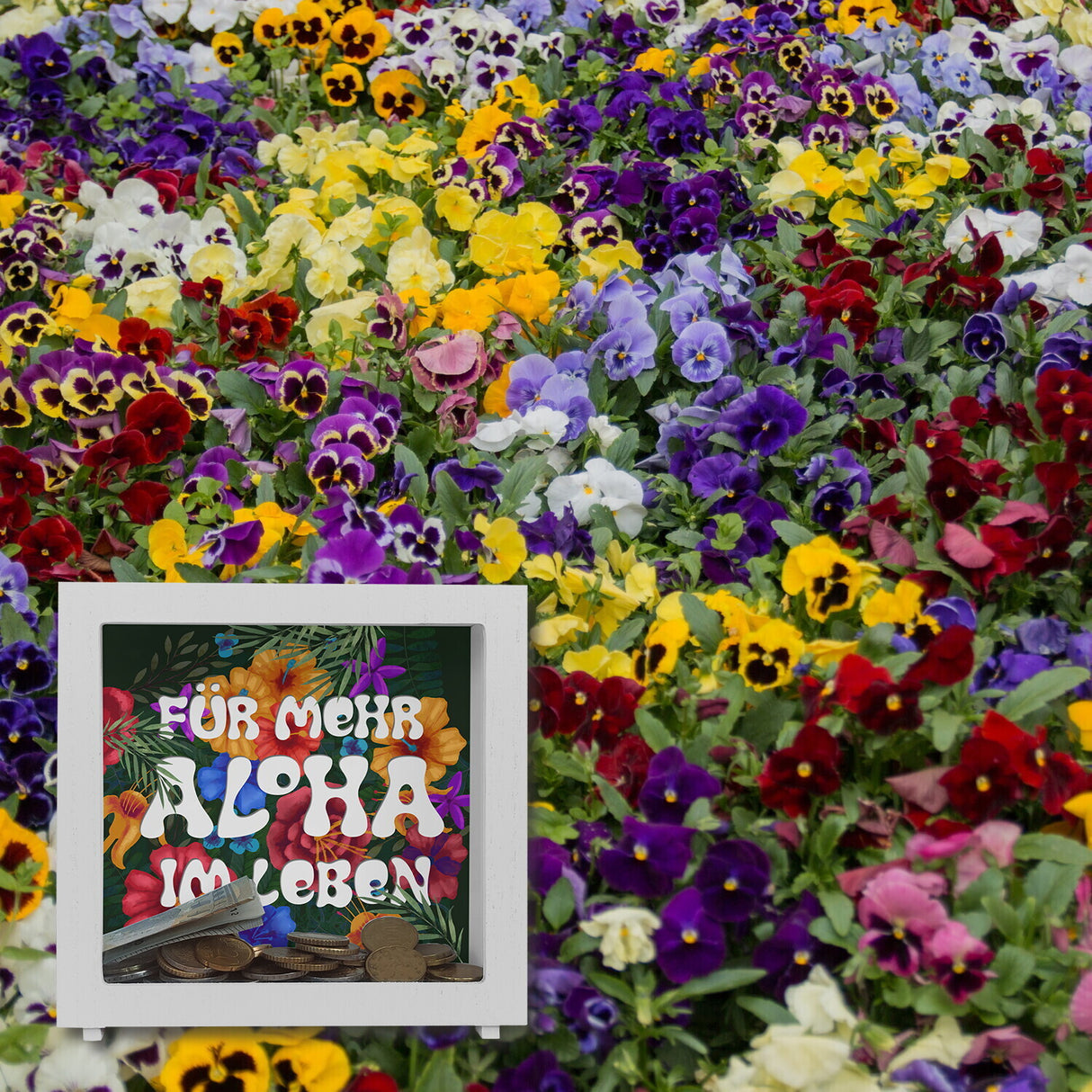 Spardose mit buntem Blumenmotiv und Spruch - Für mehr Aloha im Leben