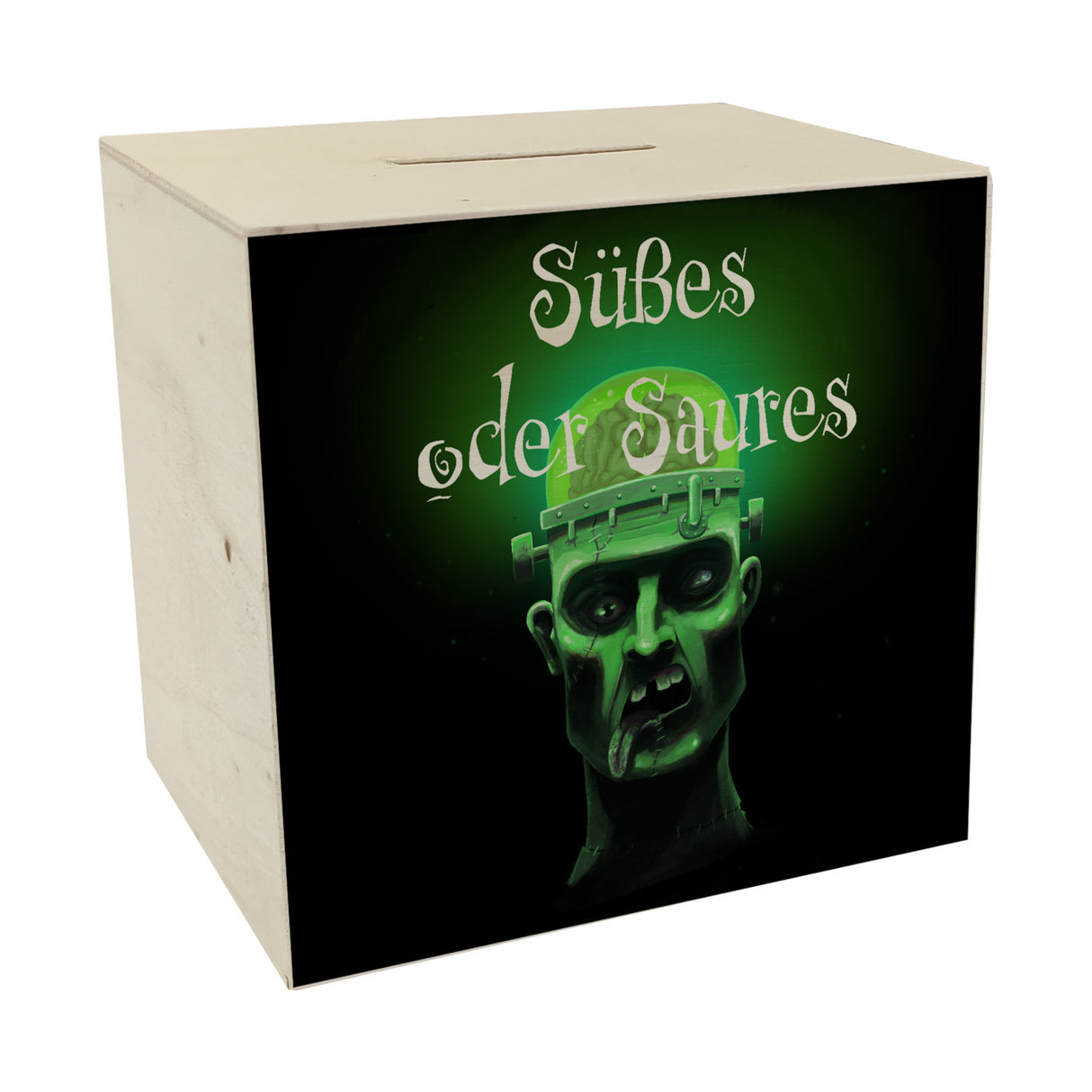 Spardose mit gruseligem Zombie Motiv und Spruch - Süßes oder Saures