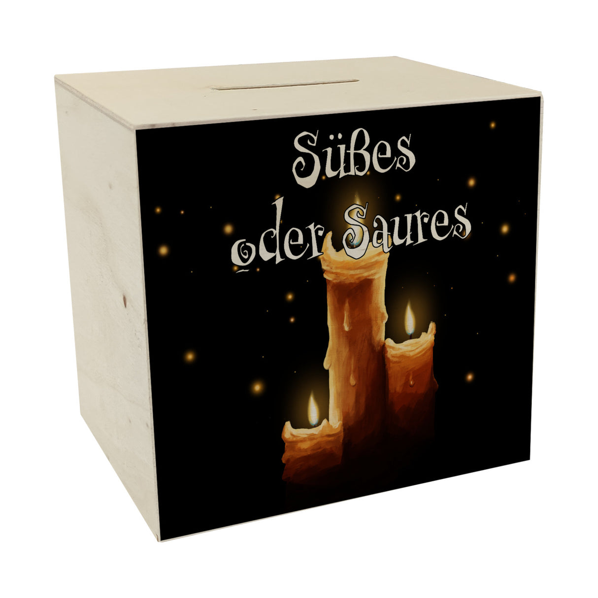 Spardose mit gruseligem Kerzen Motiv und Spruch - Süßes oder Saures