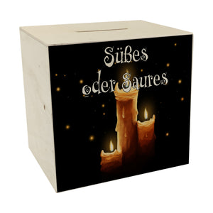 Spardose mit gruseligem Kerzen Motiv und Spruch - Süßes oder Saures