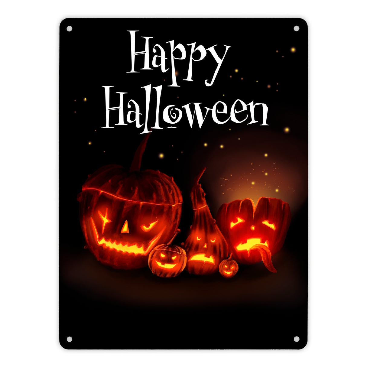 Metallschild mit gruseligem Kürbis Motiv und Happy Halloween Schriftzug