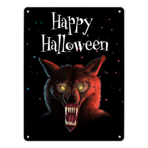 Metallschild mit gruseligem Wolf Motiv und Happy Halloween Schriftzug