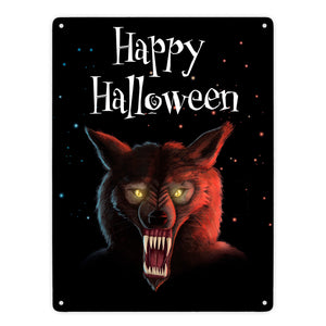 Metallschild mit gruseligem Wolf Motiv und Happy Halloween Schriftzug