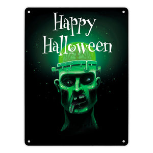 Metallschild in 15x20 cm mit gruseligem Zombie Motiv und Happy Halloween Schriftzug