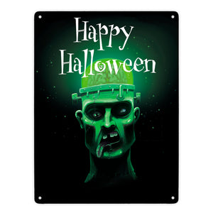 Metallschild in 15x20 cm mit gruseligem Zombie Motiv und Happy Halloween Schriftzug