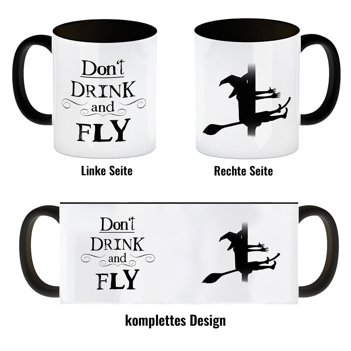 Kaffeebecher mit Hexenmotiv und lustigem Spruch - Don't drink and fly -