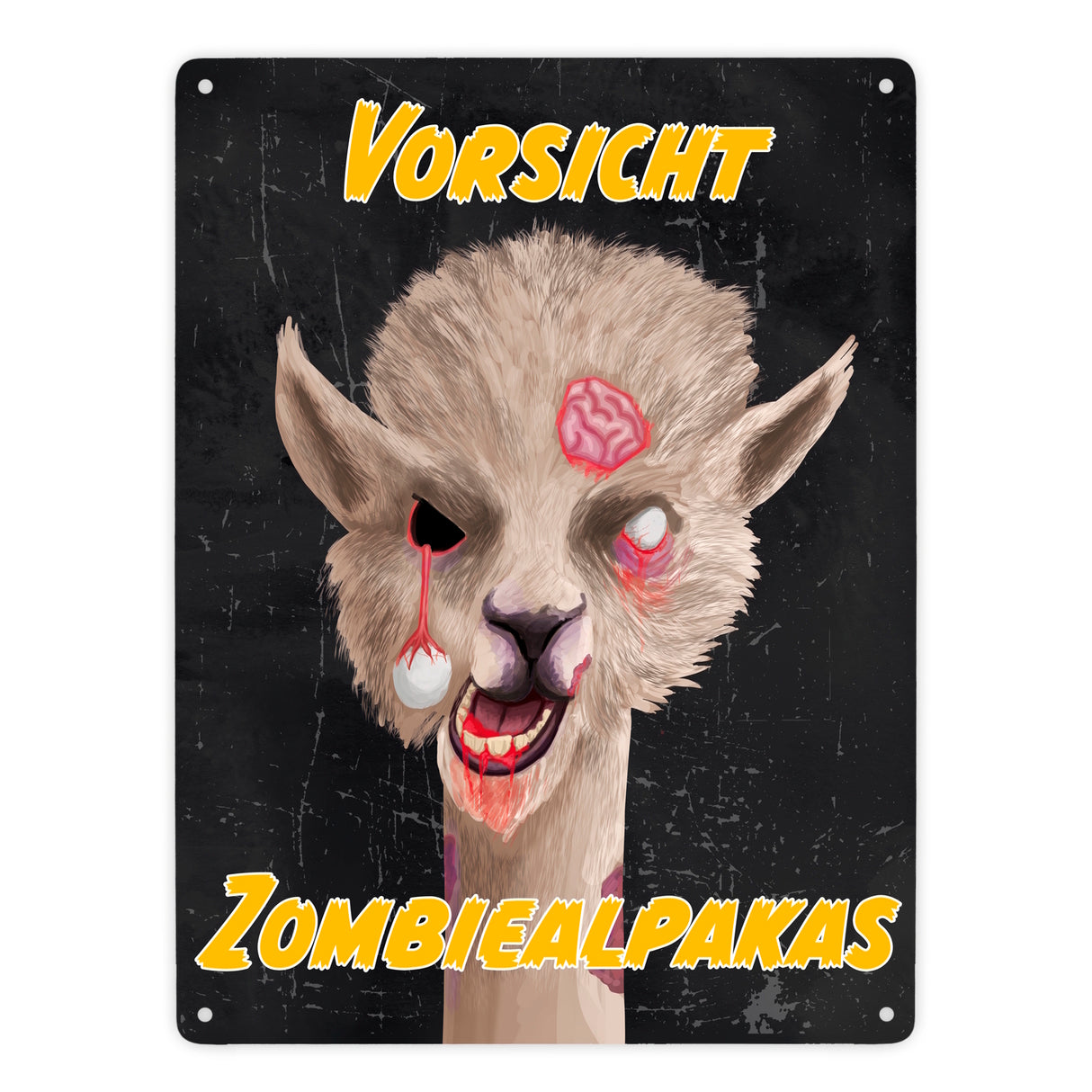 Vorsicht Zombiealpaka Metallschild in dunkelgrau