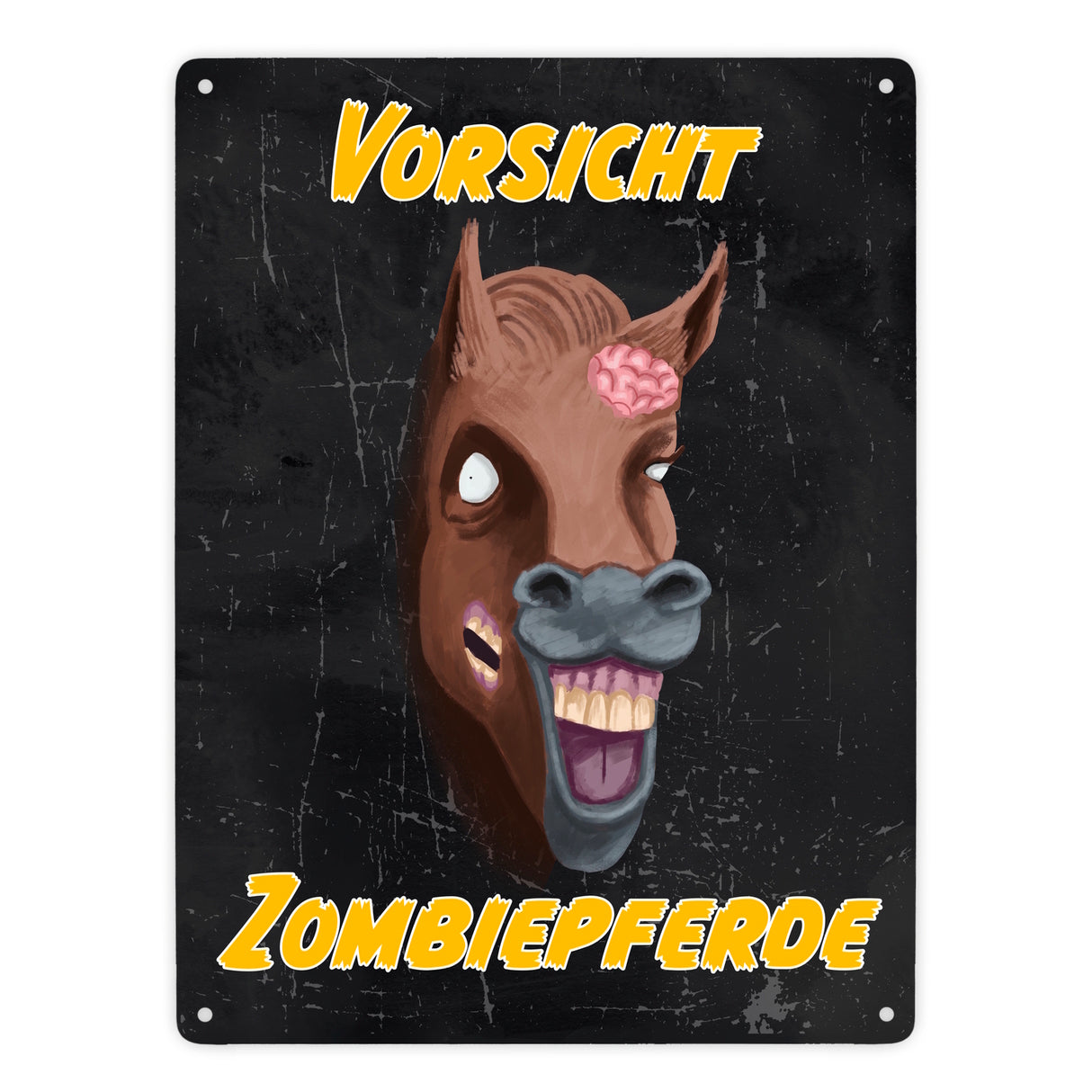 Vorsicht Zombiepferd Metallschild in 15x20 cm in dunkelgrau