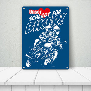 Metallschild mit Motorrad Unser Herz schlägt für Biker