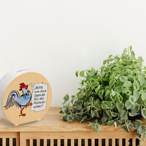 Spardose mit Hahn Motiv zum Thema Trinkgeld und lustigem Spruch