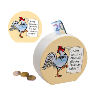 Spardose mit Hahn Motiv zum Thema Trinkgeld und lustigem Spruch