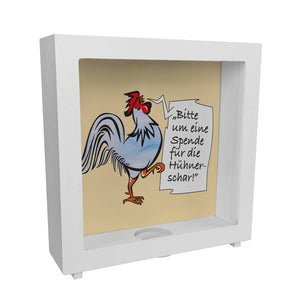 Spardose mit Hahn Motiv zum Thema Trinkgeld und lustigem Spruch