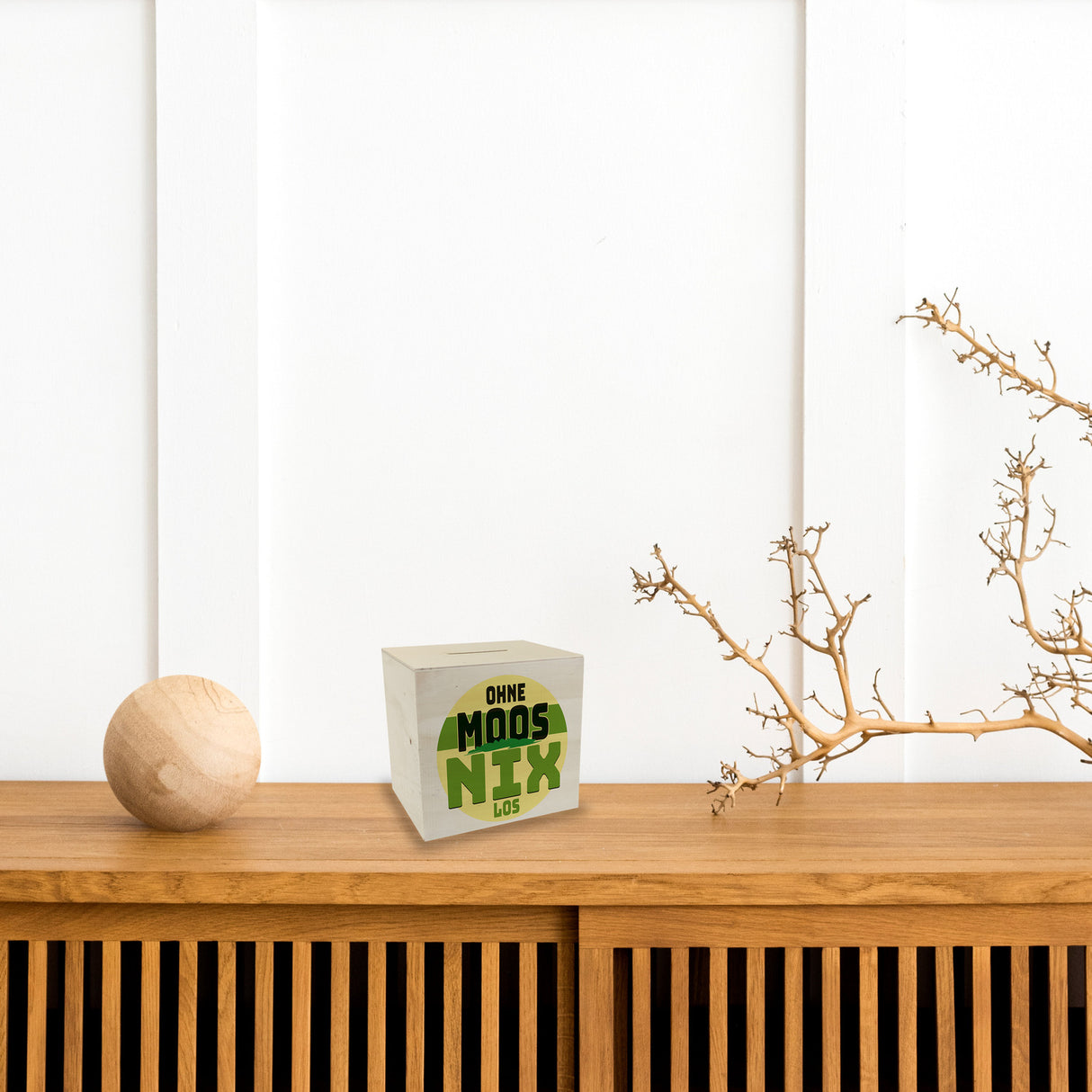 Spardose mit lustigem Motiv und Spruch: Ohne Moos nix los