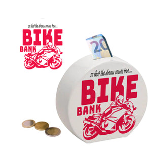 Bike Bank Spardose zum Thema Motorradkauf und Motorrad fahren