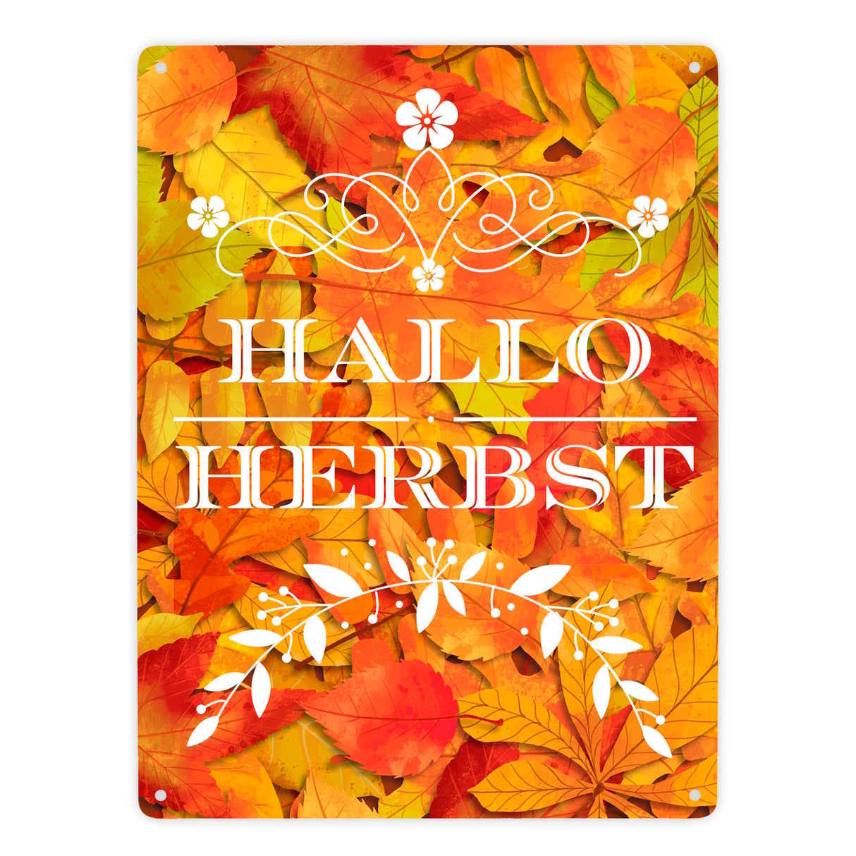 Metallschild mit schönen Herbstblättern und Schriftzug - Hallo Herbst