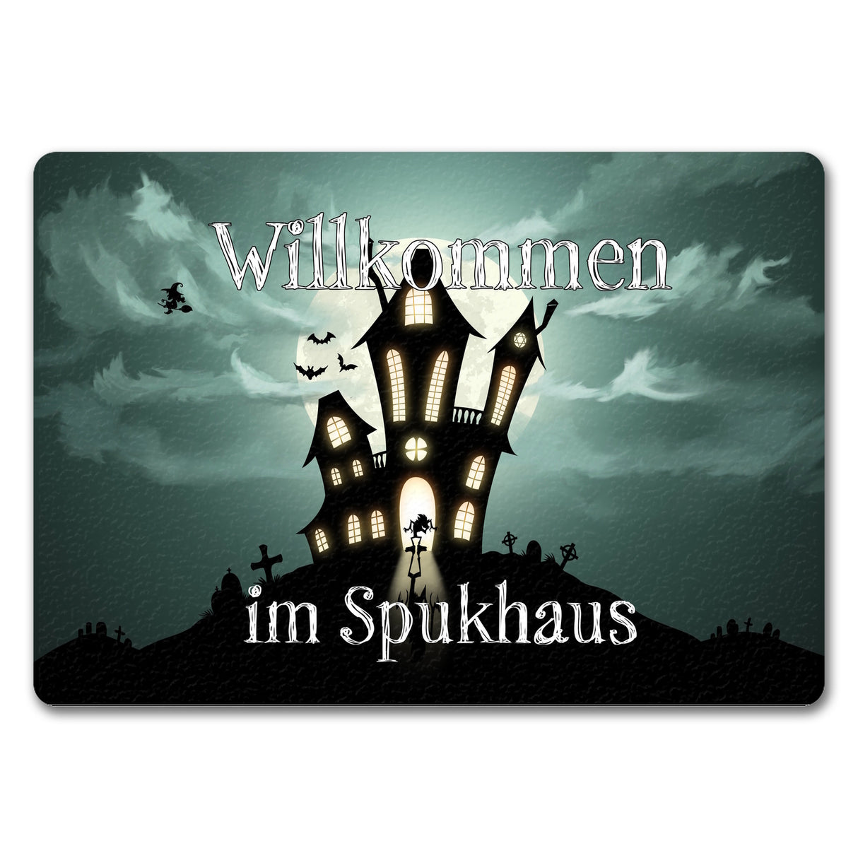 Fußmatte mit gruseligem Halloween Motiv und Spruch - Willkommen im Spukhaus