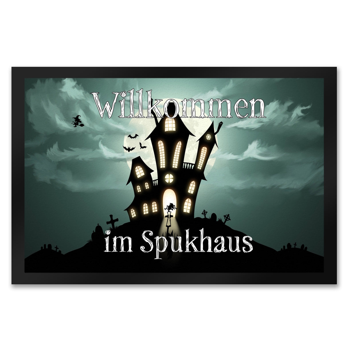 Fußmatte mit gruseligem Halloween Motiv und Spruch - Willkommen im Spukhaus