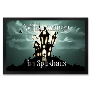 Fußmatte mit gruseligem Halloween Motiv und Spruch - Willkommen im Spukhaus