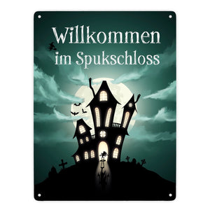 Metallschild gruseliges Halloween Motiv und Spruch - Willkommen im Spukschloss