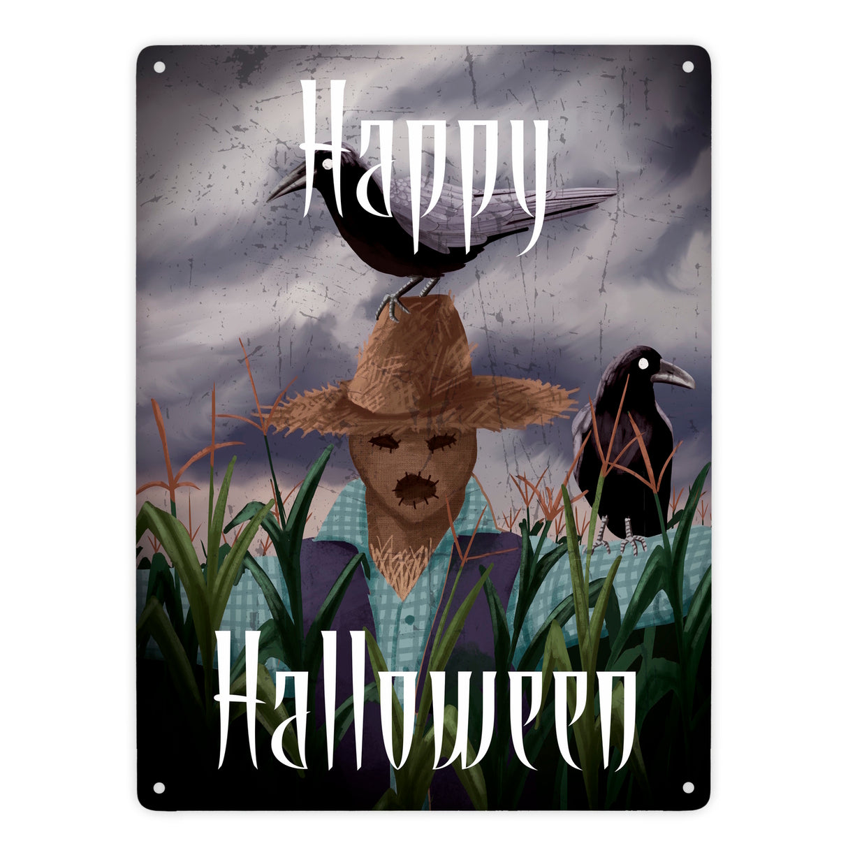 Metallschild mit gruseliger Vogelscheuche und Schriftzug - Happy Halloween