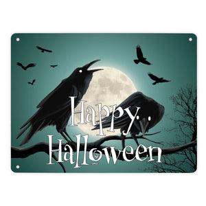 Metallschild mit gruseligem Raben Motiv und Schriftzug - Happy Halloween