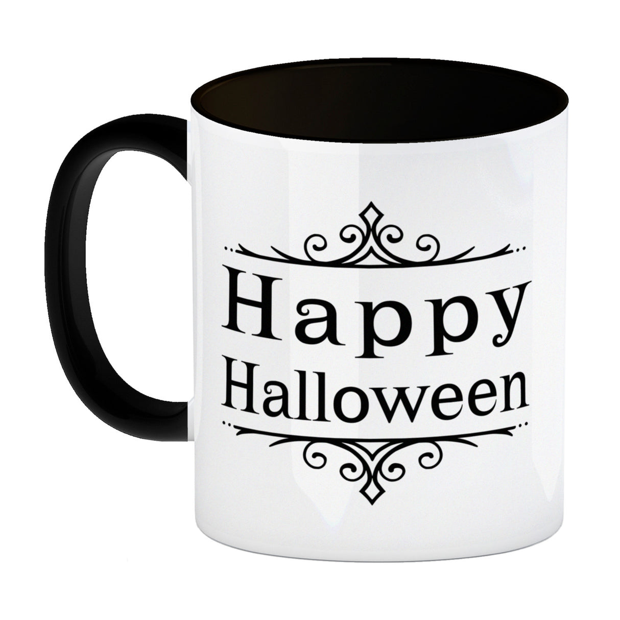 Kaffeetasse mit gruseligem Geisterhaus Motiv und Spruch - Happy Halloween