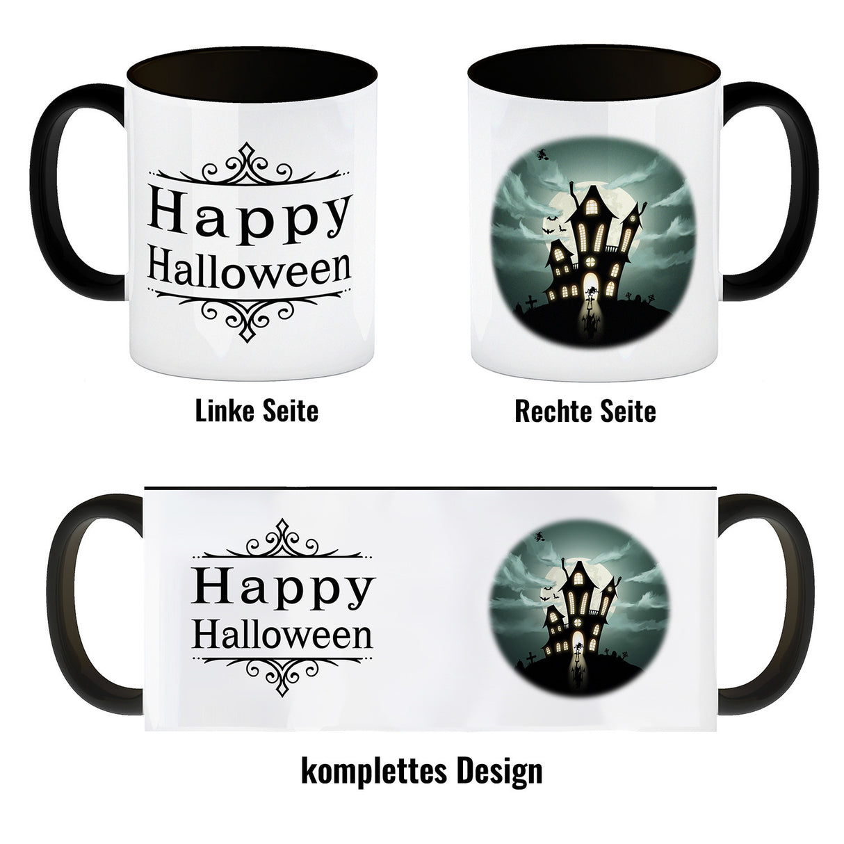 Kaffeetasse mit gruseligem Geisterhaus Motiv und Spruch - Happy Halloween