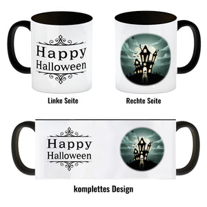 Kaffeetasse mit gruseligem Geisterhaus Motiv und Spruch - Happy Halloween
