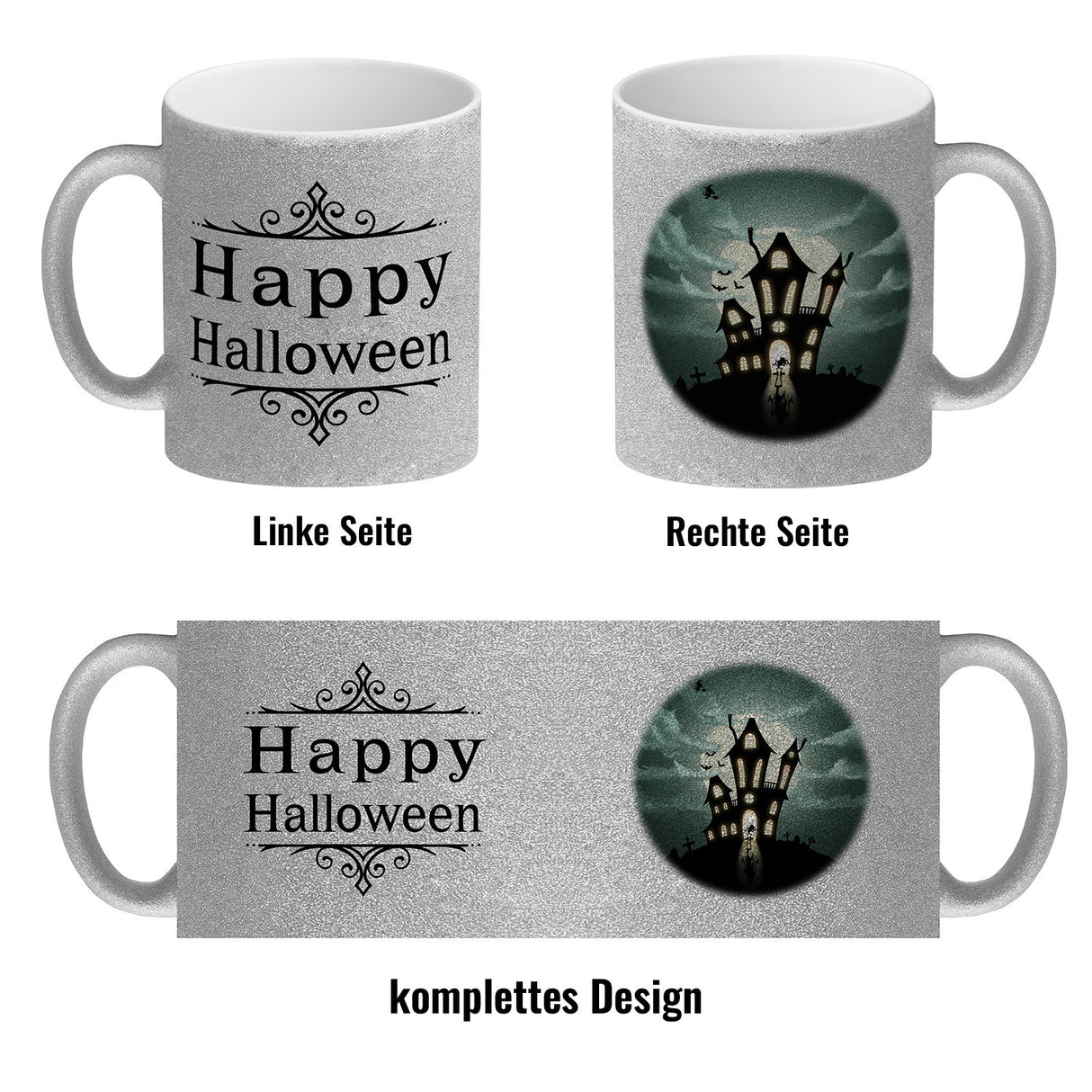 Kaffeetasse mit gruseligem Geisterhaus Motiv und Spruch - Happy Halloween