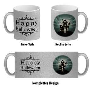 Kaffeetasse mit gruseligem Geisterhaus Motiv und Spruch - Happy Halloween