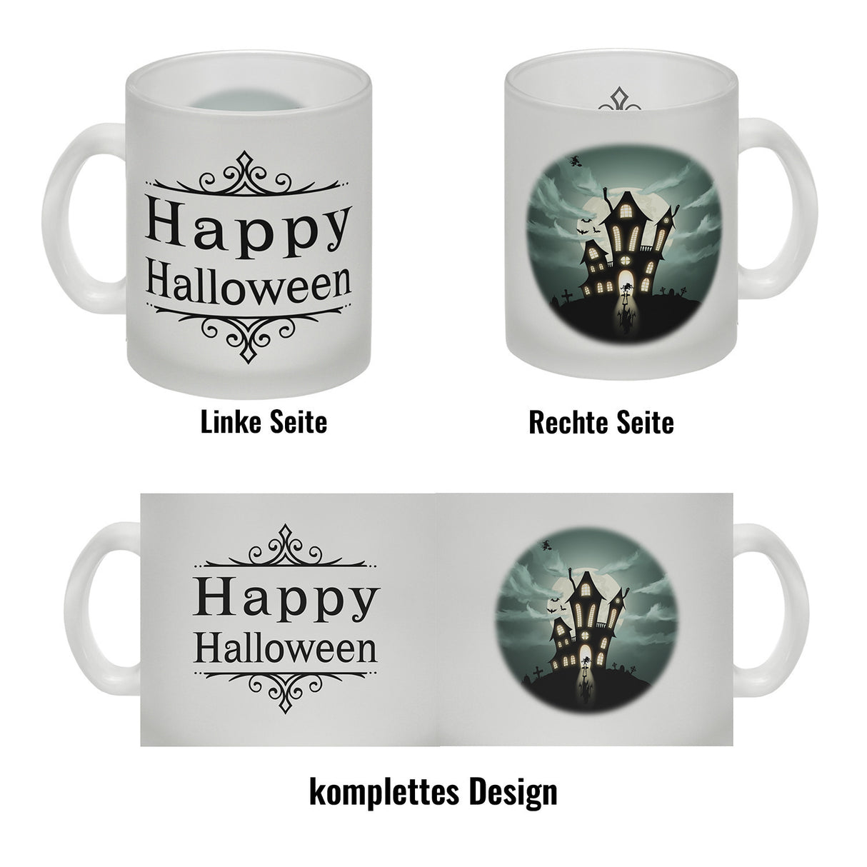 Kaffeetasse mit gruseligem Geisterhaus Motiv und Spruch - Happy Halloween